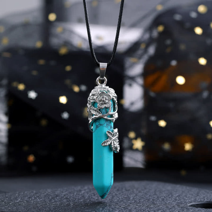 Collana con ciondolo a forma di fiore con colonna esagonale in pietra di cristallo Olivenorma 