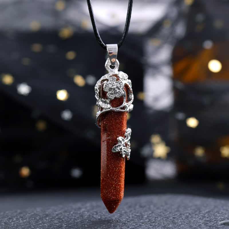 Collana con ciondolo a forma di fiore con colonna esagonale in pietra di cristallo Olivenorma 