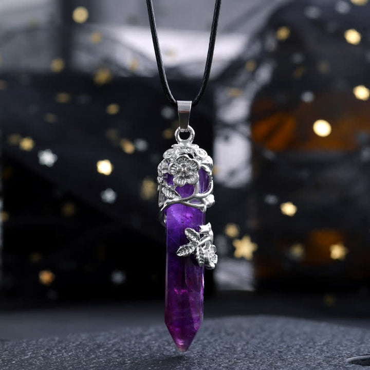 Collana con ciondolo a forma di fiore con colonna esagonale in pietra di cristallo Olivenorma 