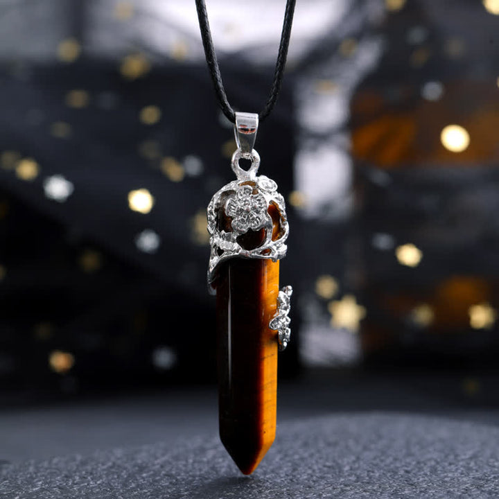 Collana con ciondolo a forma di fiore con colonna esagonale in pietra di cristallo Olivenorma 