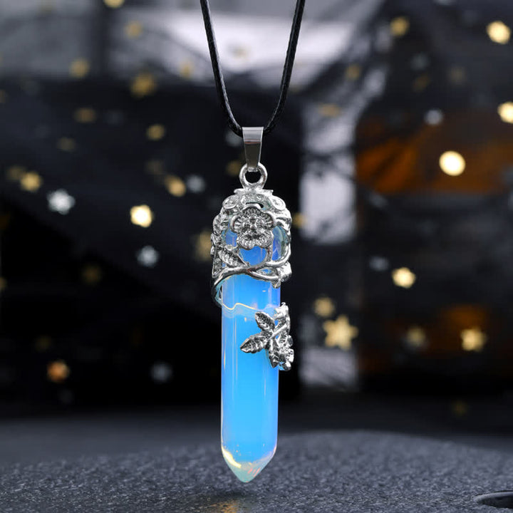 Collana con ciondolo a forma di fiore con colonna esagonale in pietra di cristallo Olivenorma 