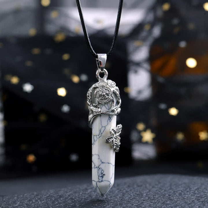 Collana con ciondolo a forma di fiore con colonna esagonale in pietra di cristallo Olivenorma 