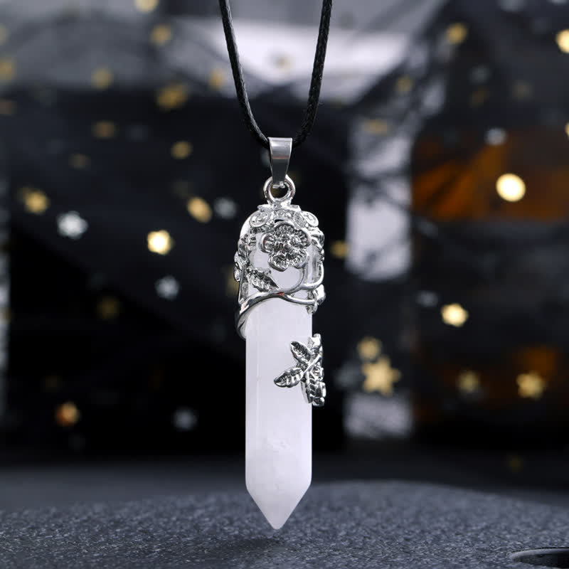 Collana con ciondolo a forma di fiore con colonna esagonale in pietra di cristallo Olivenorma 