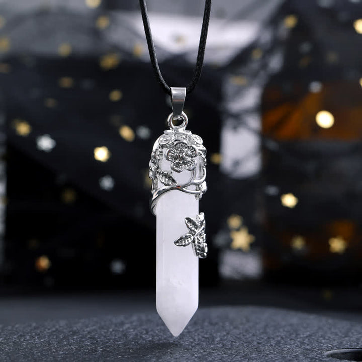 Collana con ciondolo a forma di fiore con colonna esagonale in pietra di cristallo Olivenorma 