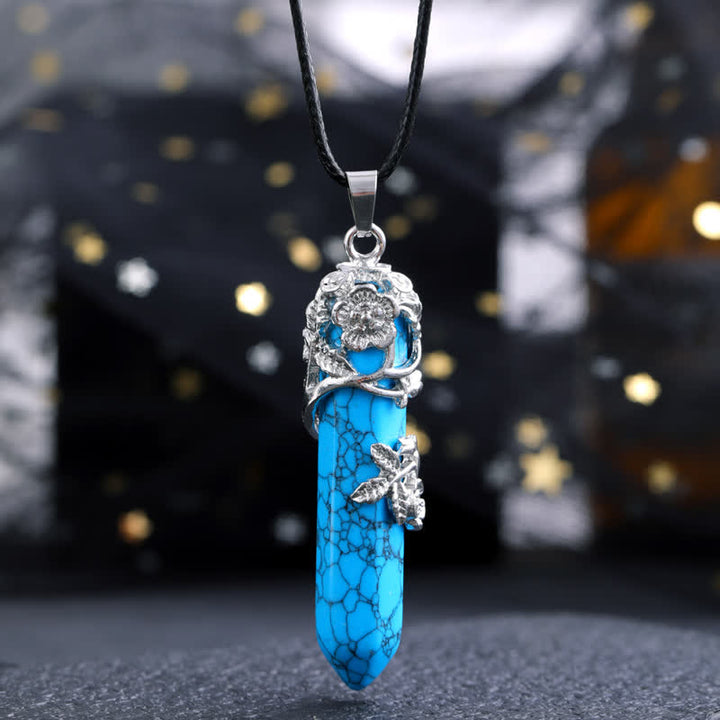 Collana con ciondolo a forma di fiore con colonna esagonale in pietra di cristallo Olivenorma 