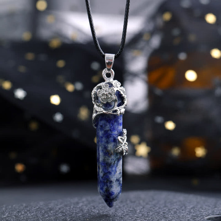 Collana con ciondolo a forma di fiore con colonna esagonale in pietra di cristallo Olivenorma 