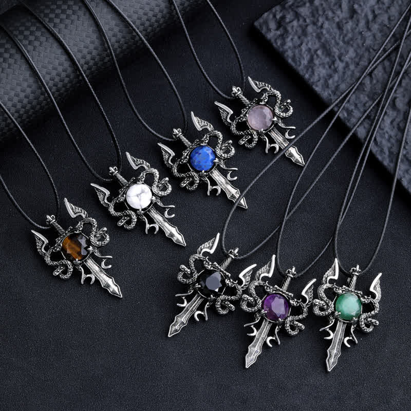 Collana con ciondolo spada drago volante in pietra naturale Olivenorma