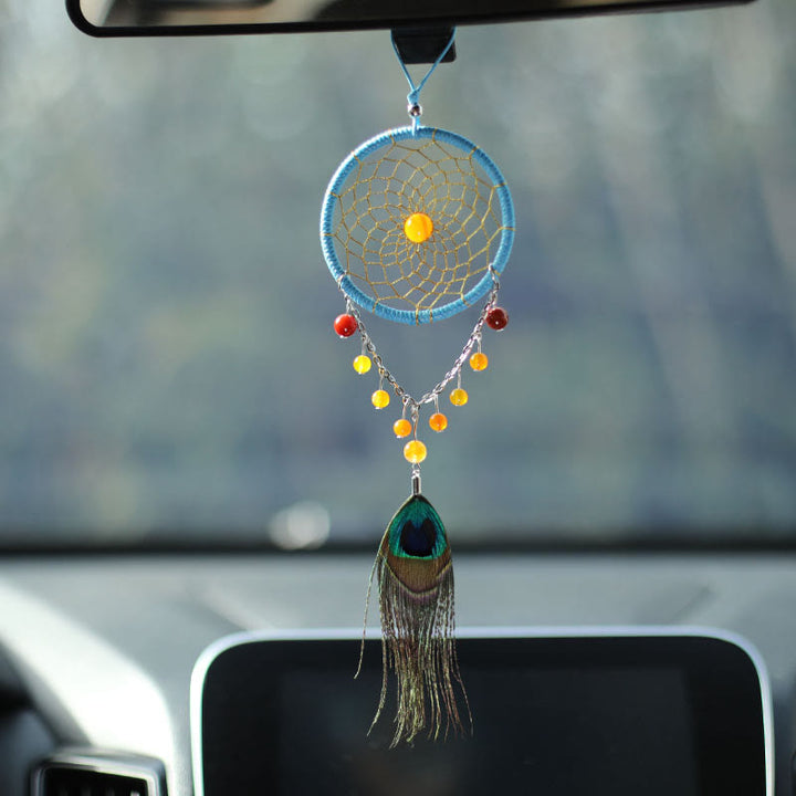 Olivenorma Ornamento acchiappasogni fatto a mano in piuma di pavone in agata 