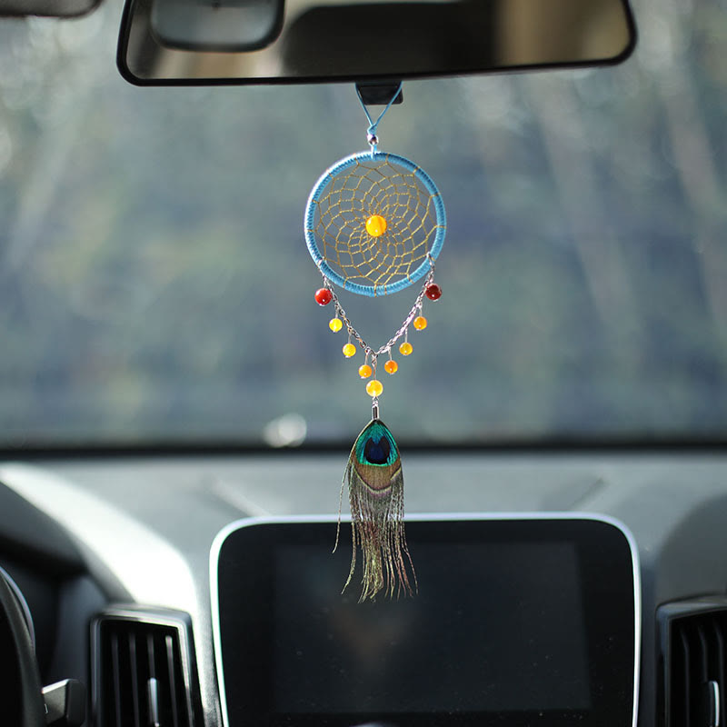 Olivenorma Ornamento acchiappasogni fatto a mano in piuma di pavone in agata 