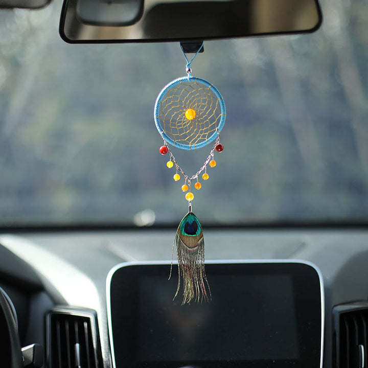 Olivenorma Ornamento acchiappasogni fatto a mano in piuma di pavone in agata 