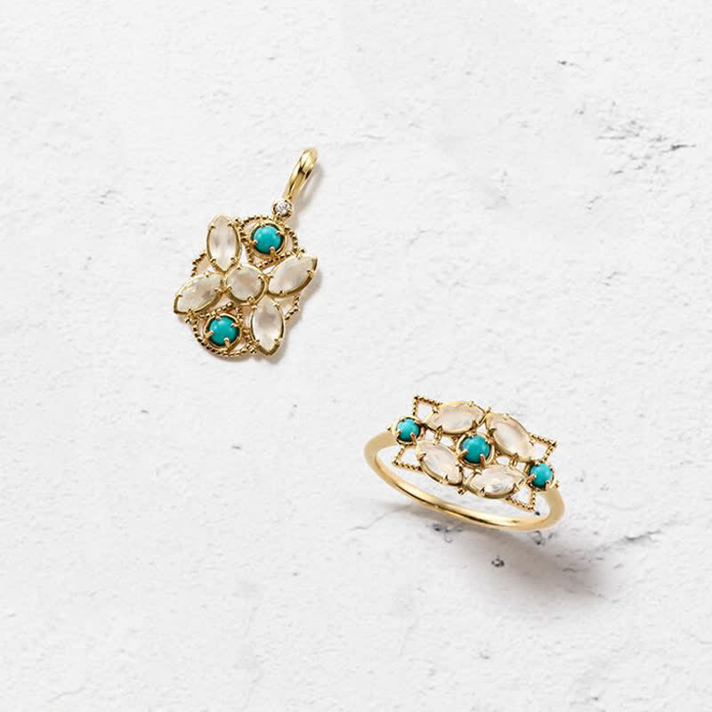 Olivenorma Set di gioielli con collana e anello in opalite turchese naturale