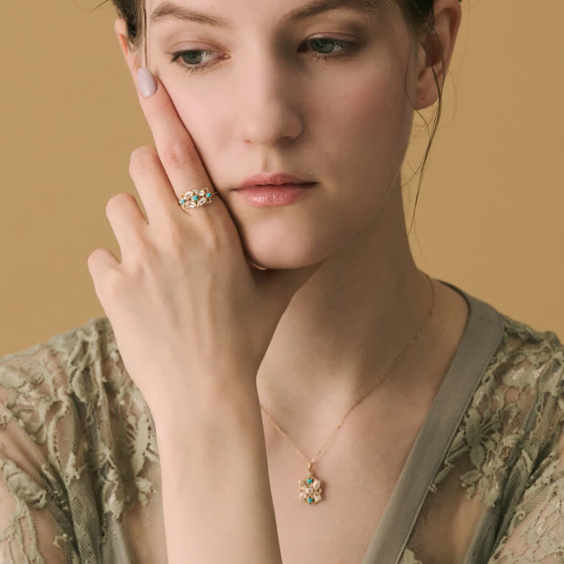 Olivenorma Set di gioielli con collana e anello in opalite turchese naturale