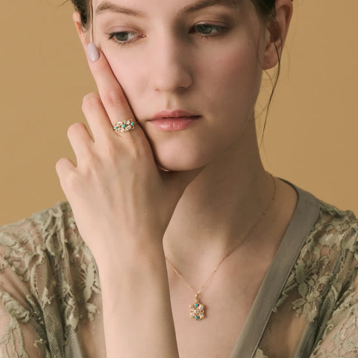 Olivenorma Set di gioielli con collana e anello in opalite turchese naturale