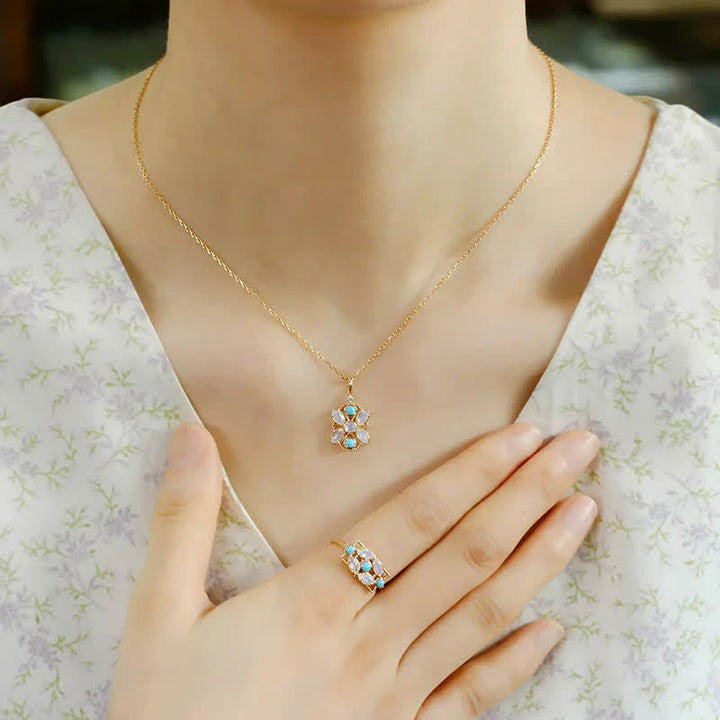 Olivenorma Set di gioielli con collana e anello in opalite turchese naturale
