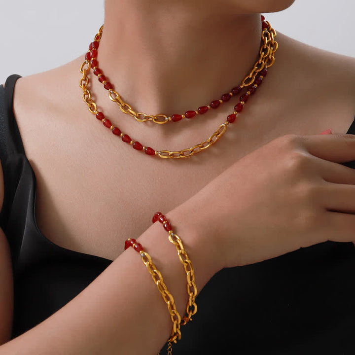 Olivenorma Collana in agata rossa naturale Set di gioielli in acciaio al titanio