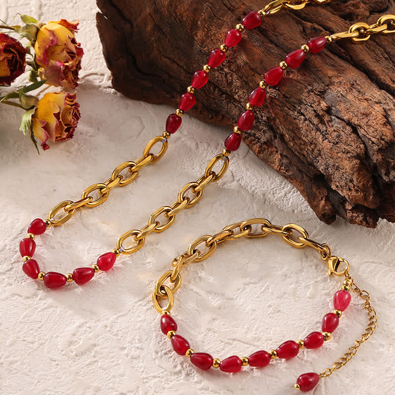 Olivenorma Collana in agata rossa naturale Set di gioielli in acciaio al titanio
