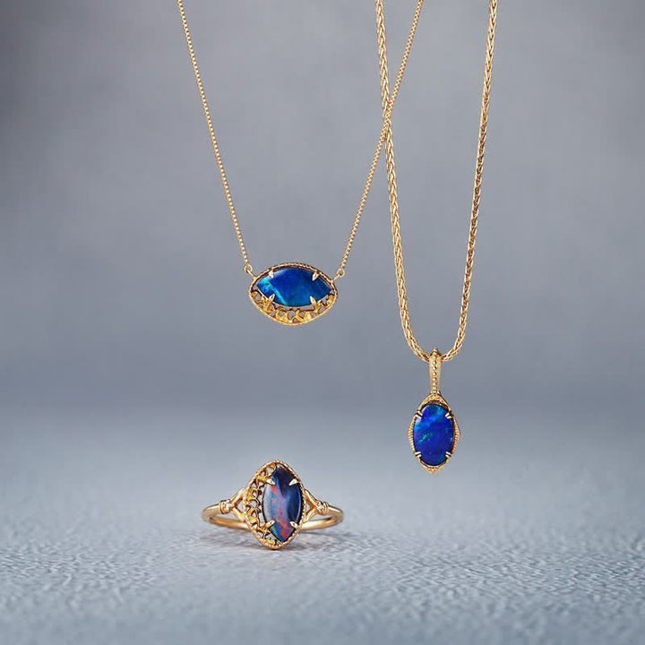 Olivenorma Set di gioielli a forma di marquise in opale blu naturale