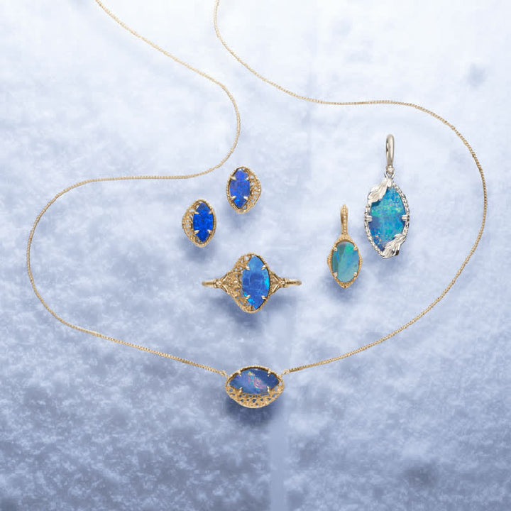Olivenorma Set di gioielli a forma di marquise in opale blu naturale
