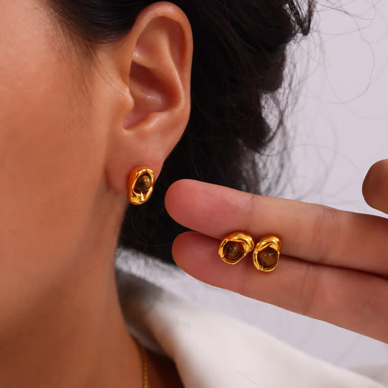 Olivenorma Set di gioielli in acciaio al titanio irregolare con occhio di tigre naturale 