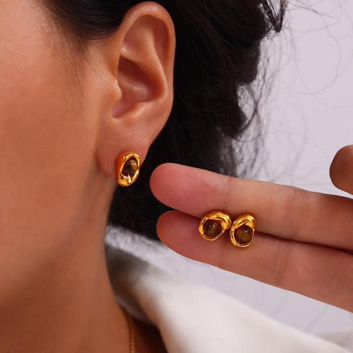 Olivenorma Set di gioielli in acciaio al titanio irregolare con occhio di tigre naturale 