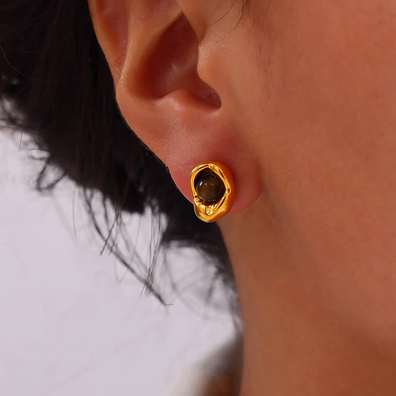 Olivenorma Set di gioielli in acciaio al titanio irregolare con occhio di tigre naturale 