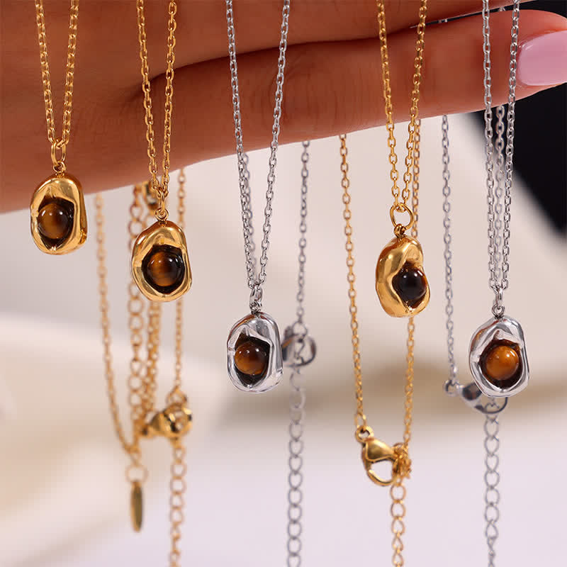 Olivenorma Set di gioielli in acciaio al titanio irregolare con occhio di tigre naturale 