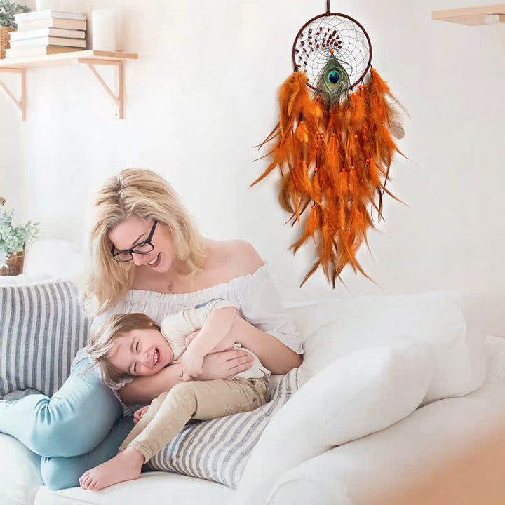 Olivenorma Acchiappasogni in piuma di pavone intrecciata con perline in pietra naturale