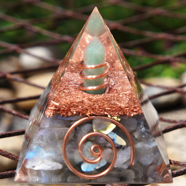 Piramide di orgone di labradorite con prisma esagonale in avventurina verde Olivenorma 
