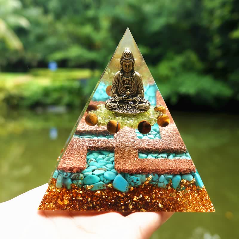 Piramide di Orgone Buddha in Turchese Peridoto Occhio di Tigre Olivenorma 