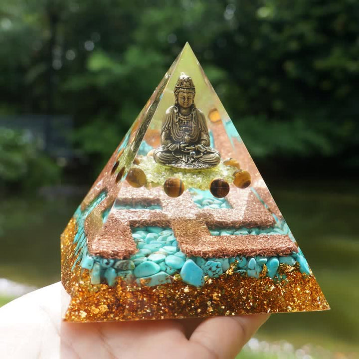Piramide di Orgone Buddha in Turchese Peridoto Occhio di Tigre Olivenorma 