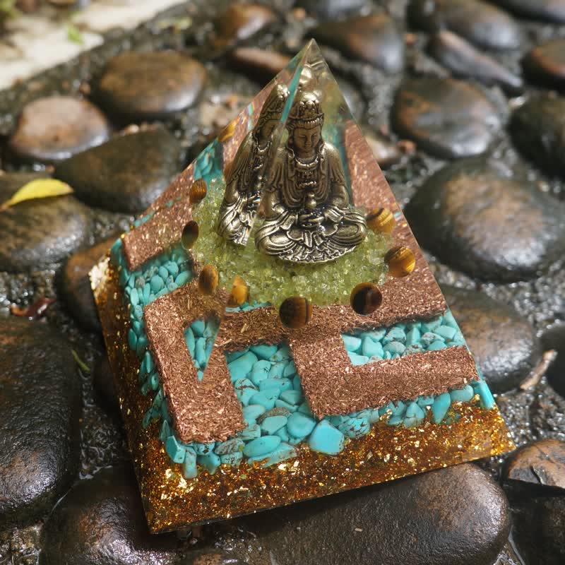 Piramide di Orgone Buddha in Turchese Peridoto Occhio di Tigre Olivenorma 