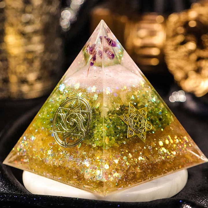 Olivenorma "Blessings" Ametista Peridoto Citrino Orgone Piramide 