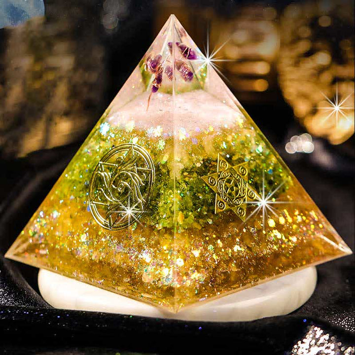 Olivenorma "Blessings" Ametista Peridoto Citrino Orgone Piramide 