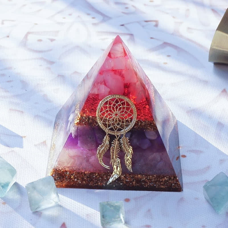 Olivenorma "Danza di Cupido" Quarzo Rosa Ametista Lepidolite Piramide di Orgone 