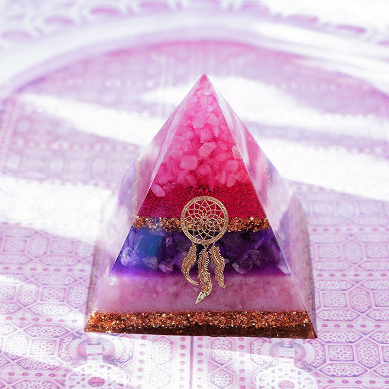 Olivenorma "Danza di Cupido" Quarzo Rosa Ametista Lepidolite Piramide di Orgone 