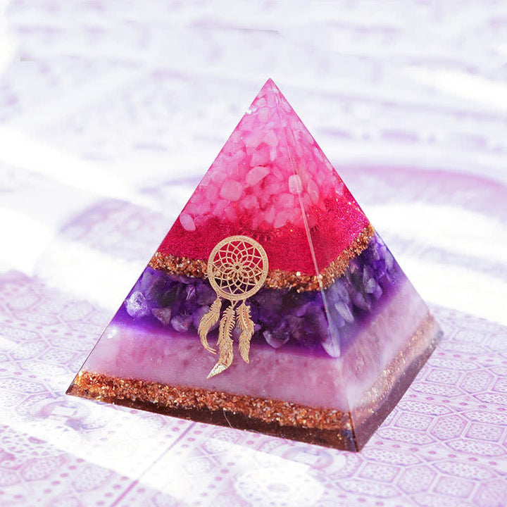 Olivenorma "Danza di Cupido" Quarzo Rosa Ametista Lepidolite Piramide di Orgone 