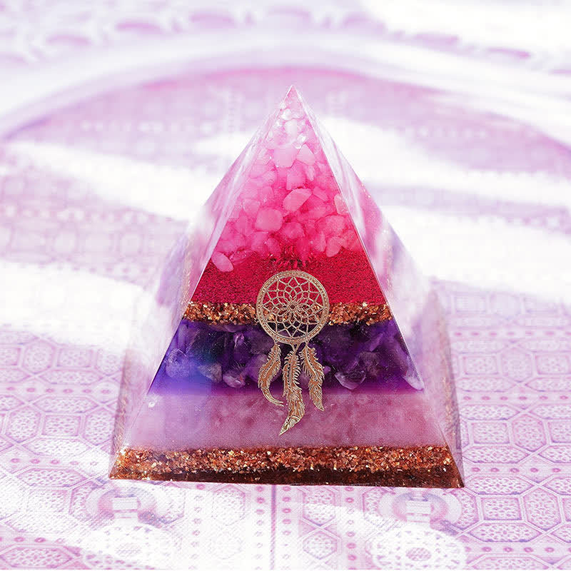 Olivenorma "Danza di Cupido" Quarzo Rosa Ametista Lepidolite Piramide di Orgone 