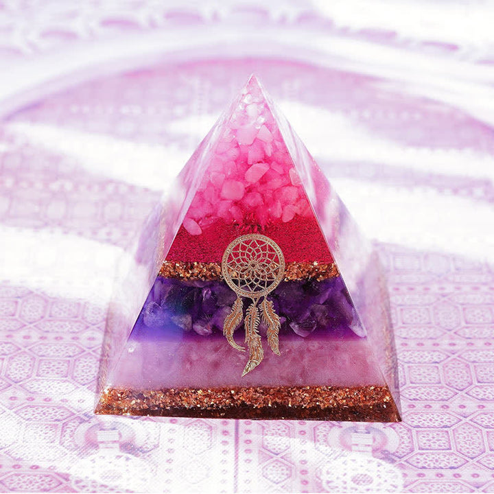 Olivenorma "Danza di Cupido" Quarzo Rosa Ametista Lepidolite Piramide di Orgone 