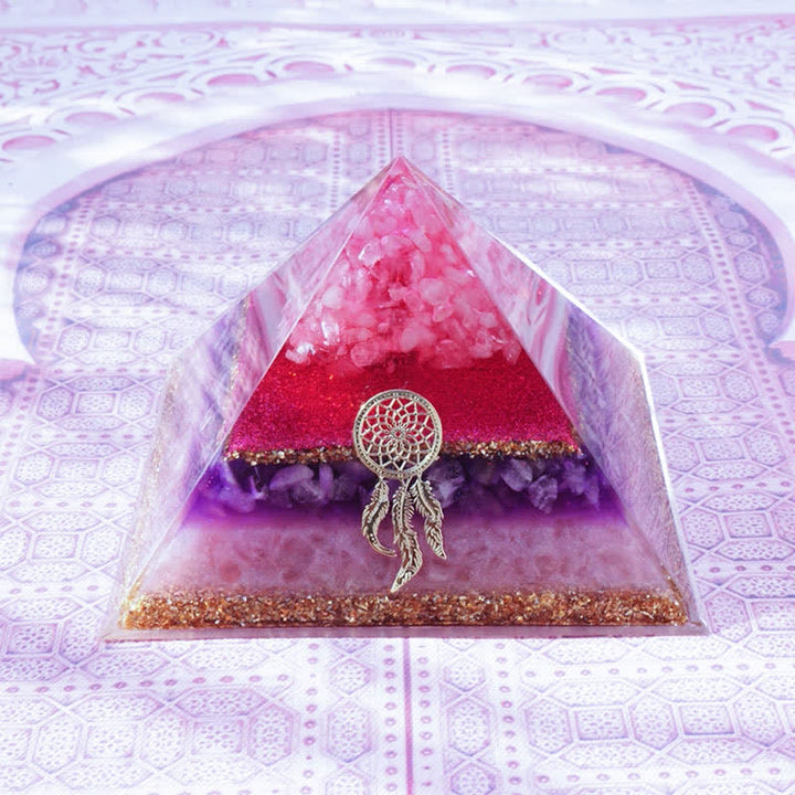 Olivenorma "Danza di Cupido" Quarzo Rosa Ametista Lepidolite Piramide di Orgone 