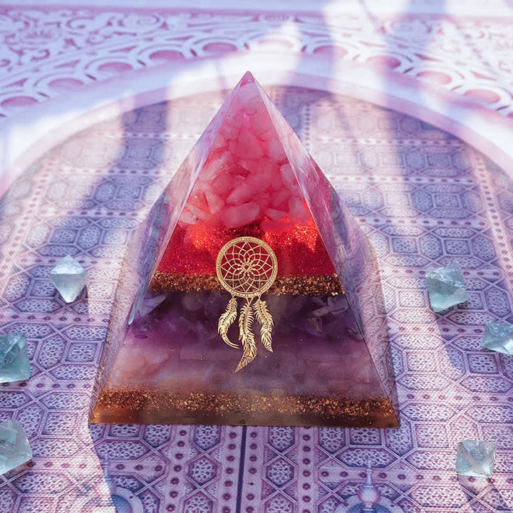 Olivenorma "Danza di Cupido" Quarzo Rosa Ametista Lepidolite Piramide di Orgone 