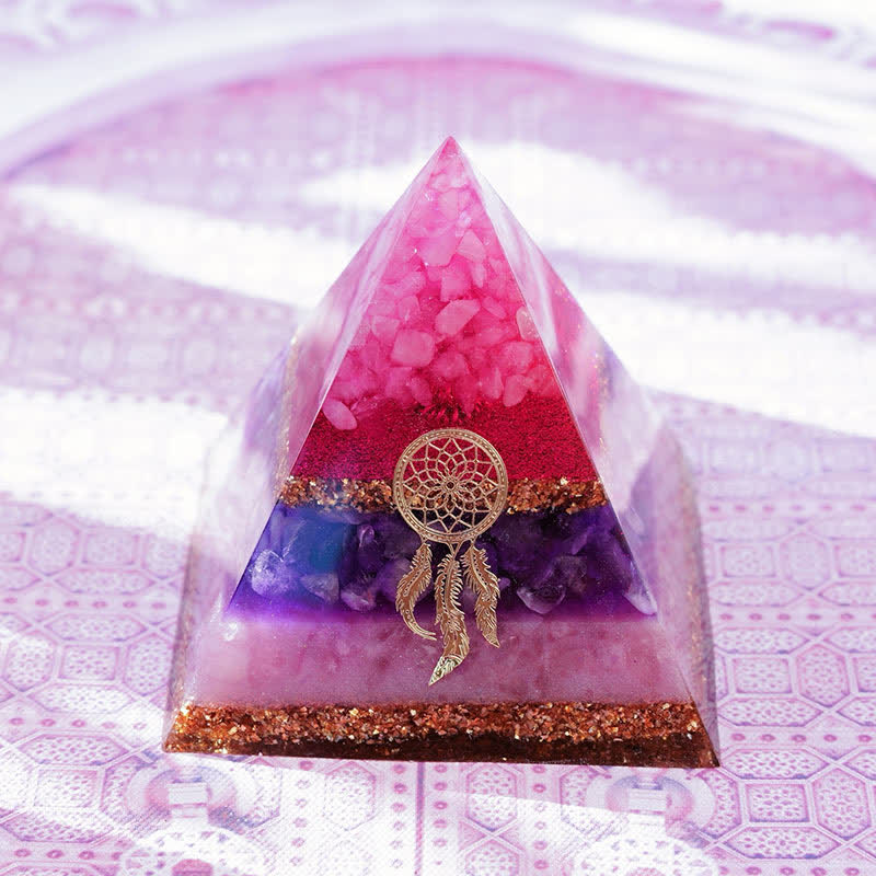Olivenorma "Danza di Cupido" Quarzo Rosa Ametista Lepidolite Piramide di Orgone 
