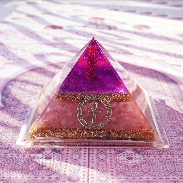 Olivenorma "Ankh Key of Life" Piramide di Orgone in Quarzo Rosa 