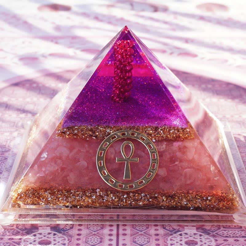 Olivenorma "Ankh Key of Life" Piramide di Orgone in Quarzo Rosa 