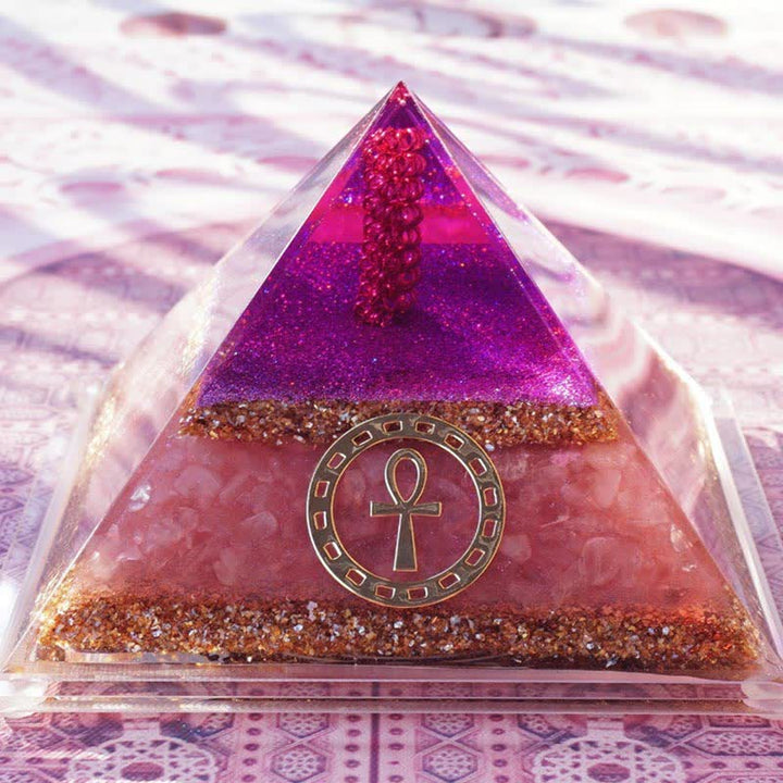 Olivenorma "Ankh Key of Life" Piramide di Orgone in Quarzo Rosa 
