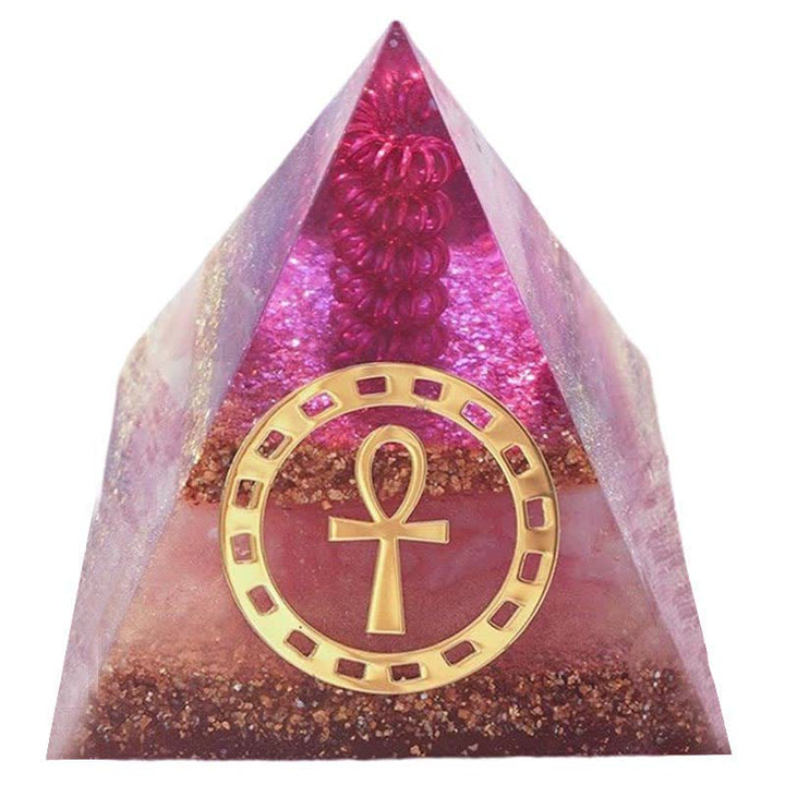 Olivenorma "Ankh Key of Life" Piramide di Orgone in Quarzo Rosa 