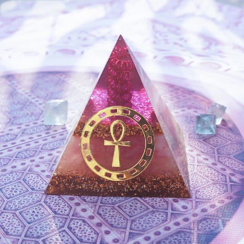 Olivenorma "Ankh Key of Life" Piramide di Orgone in Quarzo Rosa 
