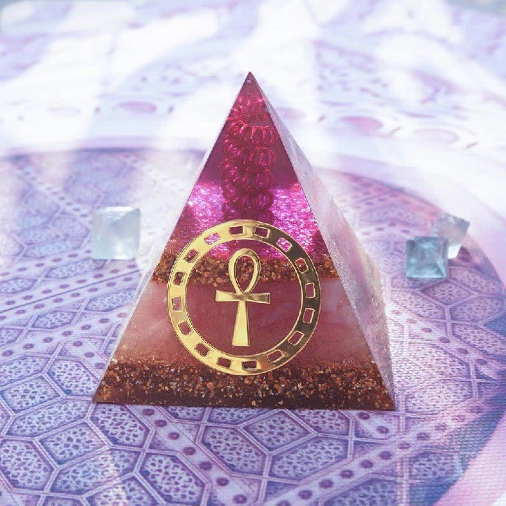 Olivenorma "Ankh Key of Life" Piramide di Orgone in Quarzo Rosa 