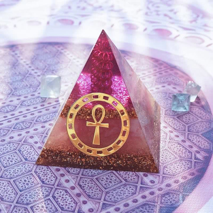 Olivenorma "Ankh Key of Life" Piramide di Orgone in Quarzo Rosa 