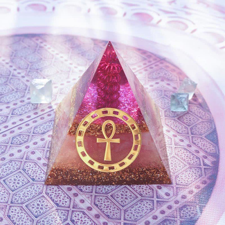 Olivenorma "Ankh Key of Life" Piramide di Orgone in Quarzo Rosa 