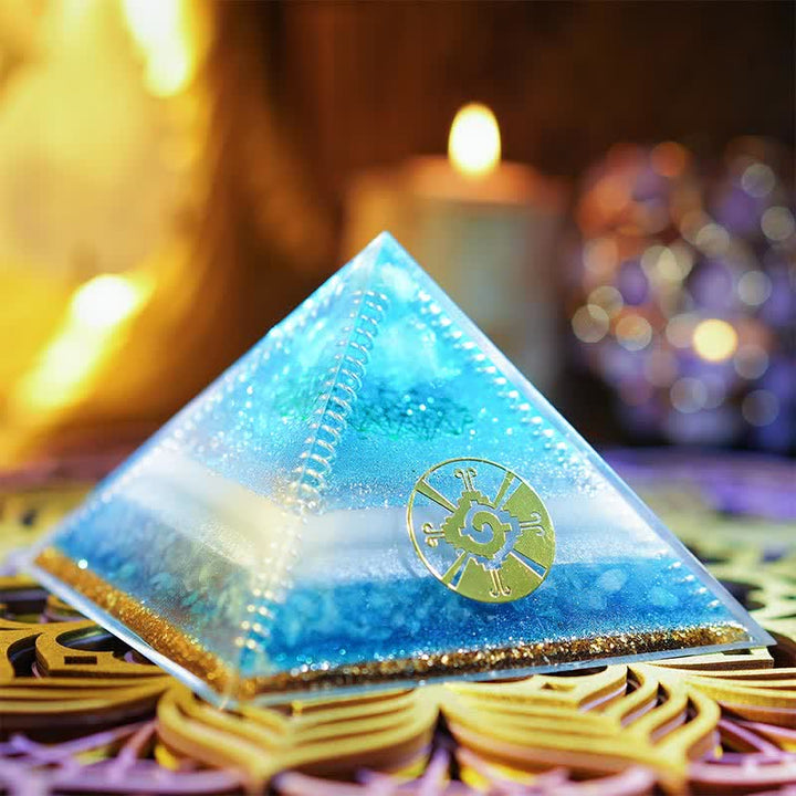 Olivenorma "Atlantis" Piramide di Orgone Acquamarina